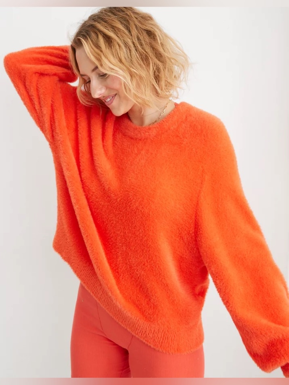 Aerie Flurry Long Sleeve Crew Sweater M Sunburst Orange Fuzzy Lounge Boho Retro